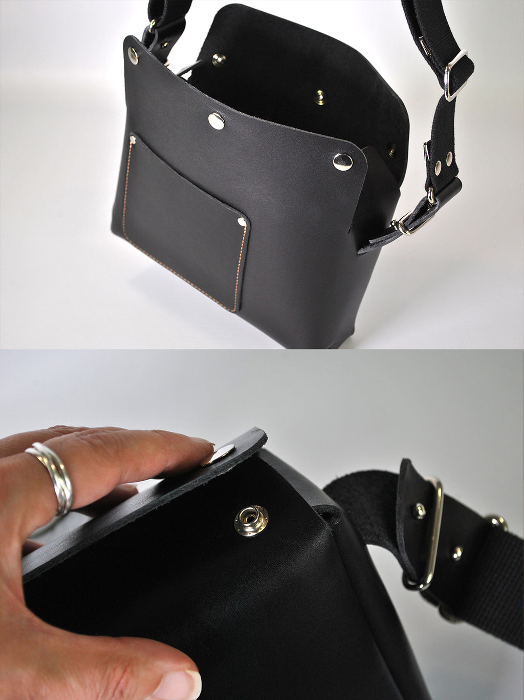 Black leather bag with adjustable cotton strap for everyday adventures 