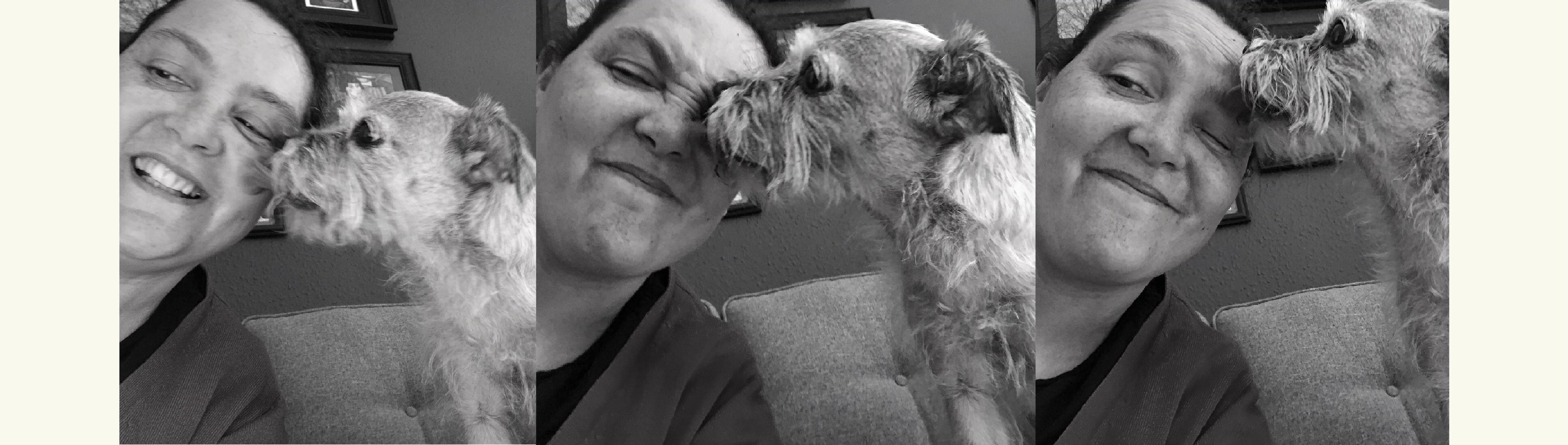 Three black and white images of a person with a dog on a couch